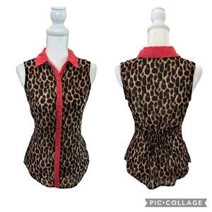 Ali & Kris Button Down Sleeveless Leopard Animal Print Sheer Blouse Size Small